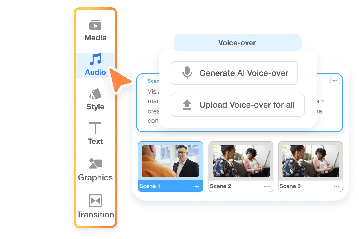 Adjust volume of video with AI voiceover options, including instant generation, personal recording, or minimalist removal for customized audio control.